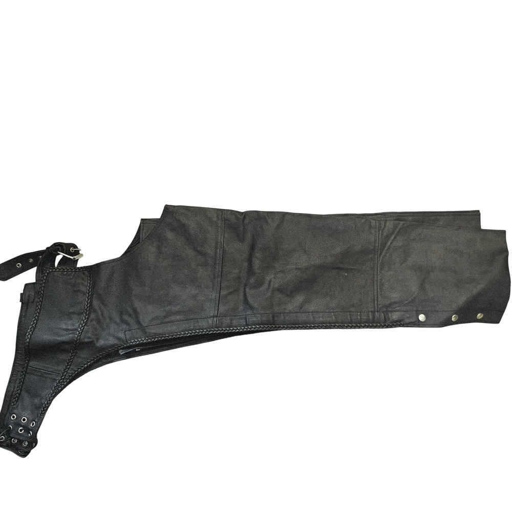 Nomad USA Black Leather Motorcycle Chaps Braided Trim Biker Riding Gear Large